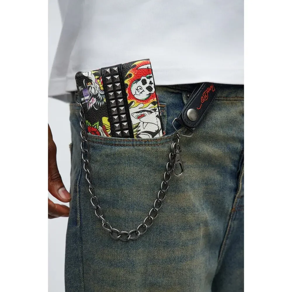 Ed Hardy Men's Pyramid Stud Biker Bifold Black Wallet With Removable Chain